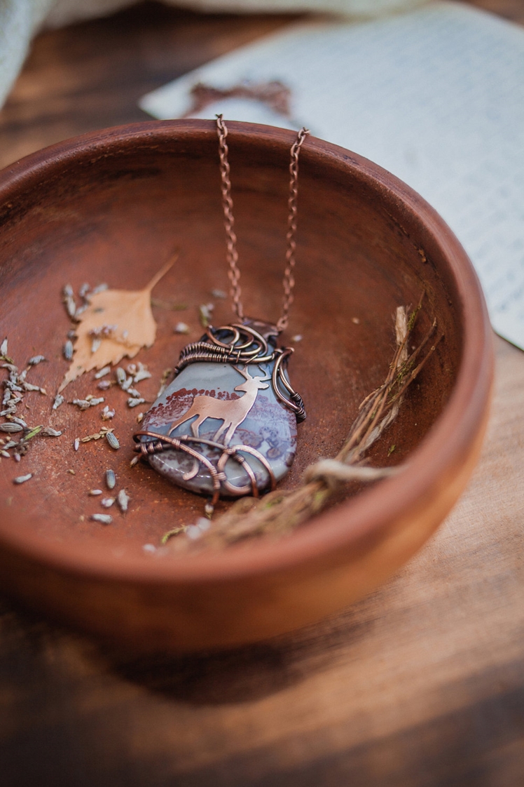 Jasper Pendant with Copper Deer