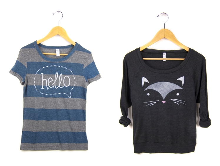 Hello Hand Stenciled Tee & Geo Cat Hand Stenciled Sweatshirt | Two String Jane