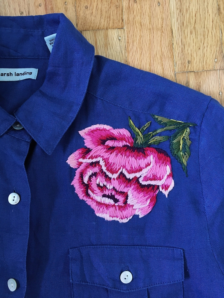 Blue Linen Button up with Hand Embroidered Pink Rose | Sam Eldridge Art